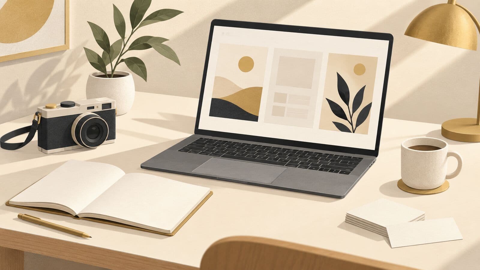 Paper cut-out of a laptop with blank panels beside a camera, an open notebook and a stack of plain cards.