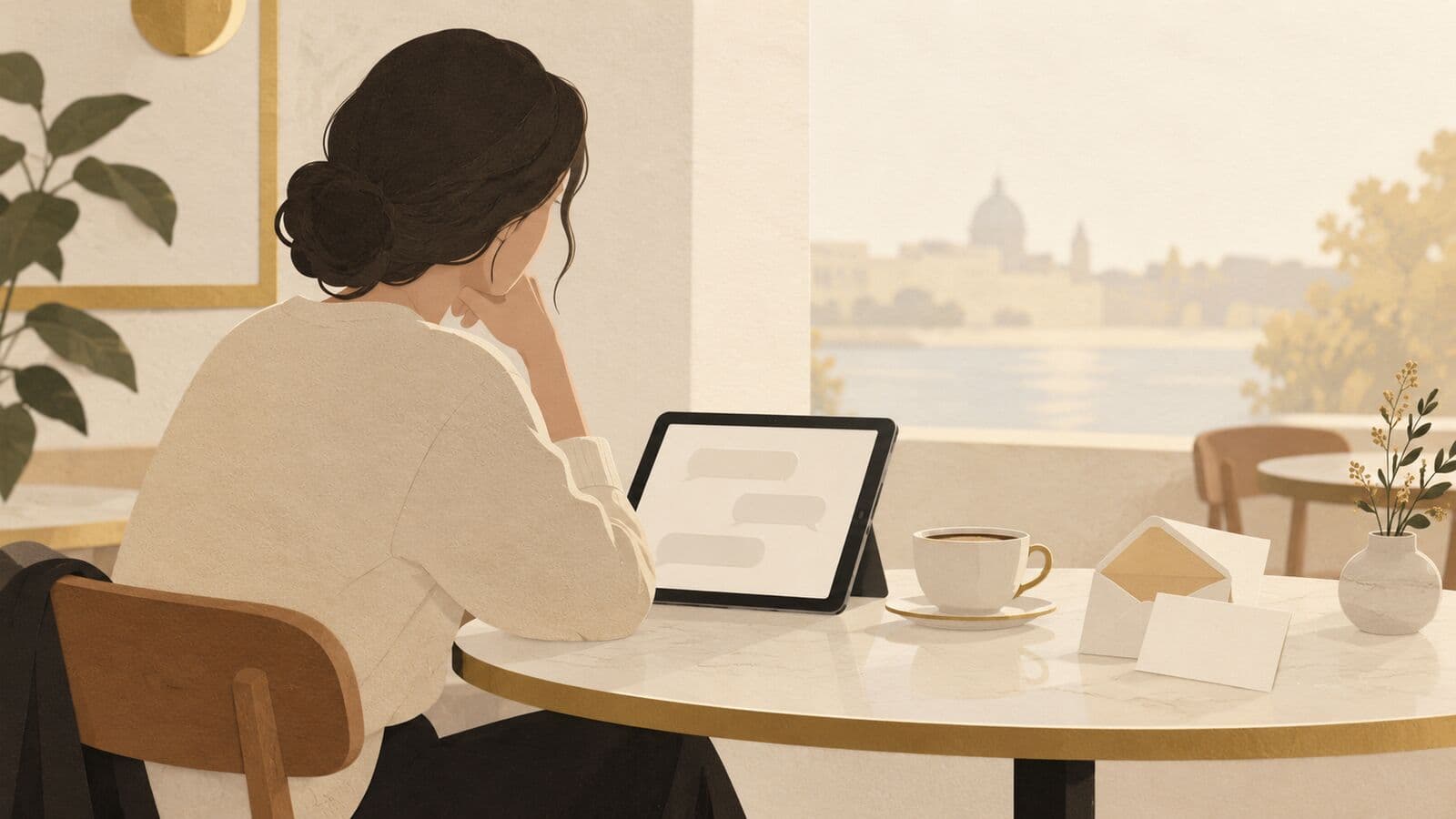 Paper cut-out of a person at a cafe table with a tablet of blank comment bubbles and an open envelope.