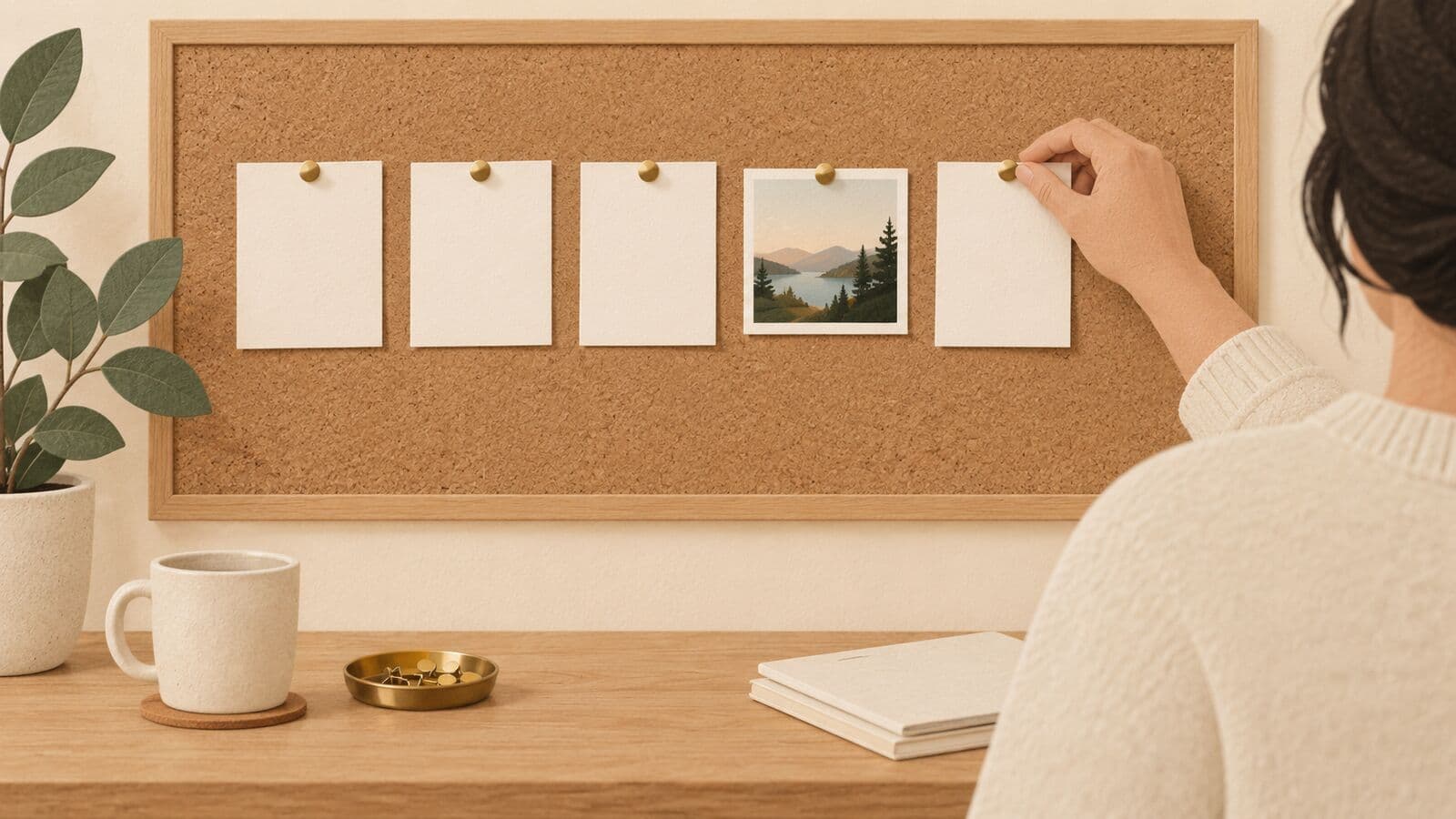 Paper cut-out of a corkboard of blank idea cards with a person pinning the finished post card in place.
