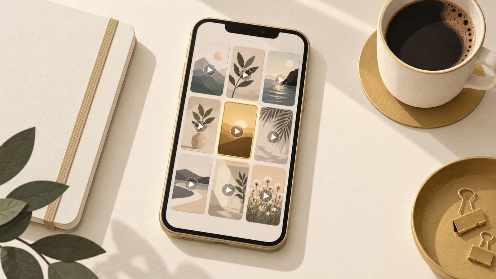 Paper cut-out of a desk seen from above with a phone showing a grid of thumbnails, one outlined.