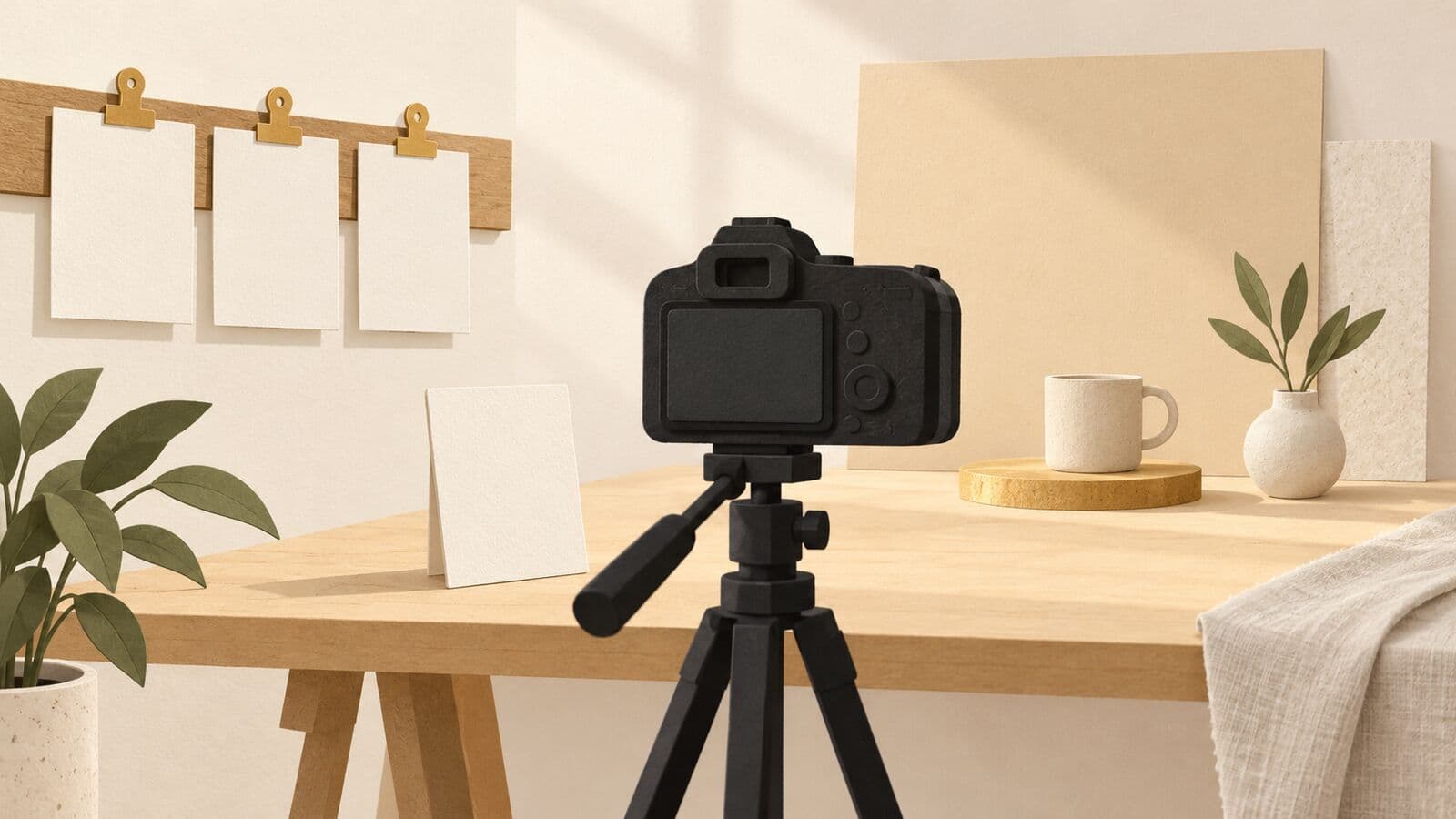 Paper cut-out of a camera on a tripod facing a workbench, with three blank thumbnail cards on a narrow board.