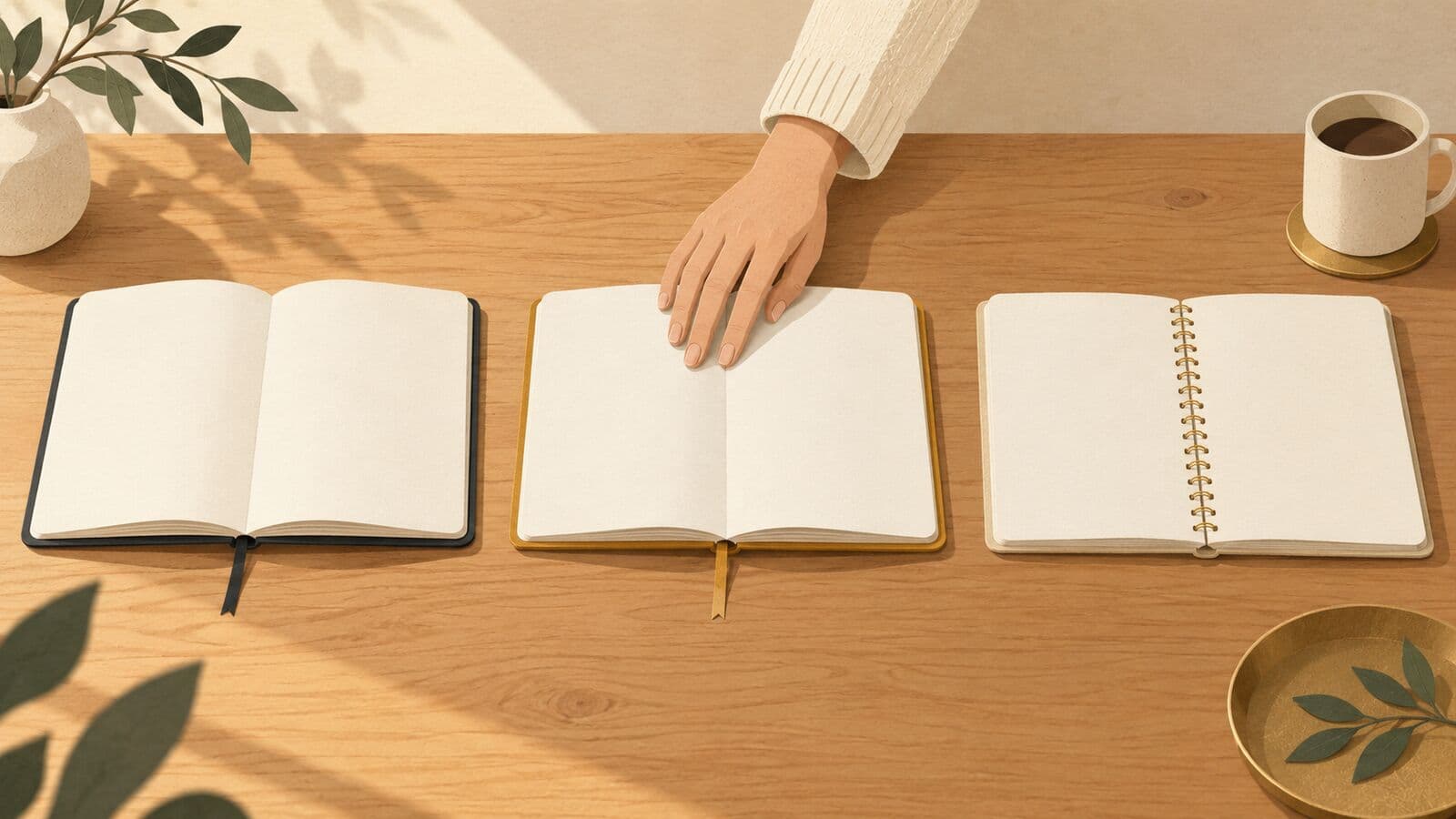 Paper cut-out of three open blank notebooks on a long wooden table, with a hand resting on the middle one.