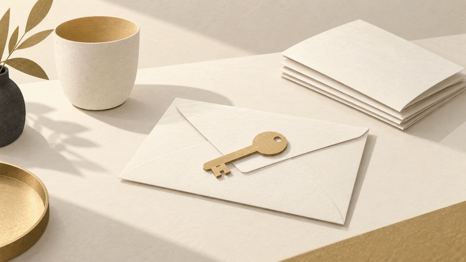 Paper cut-out of a small gold key resting on an envelope, beside a stack of folded guides and a cup.