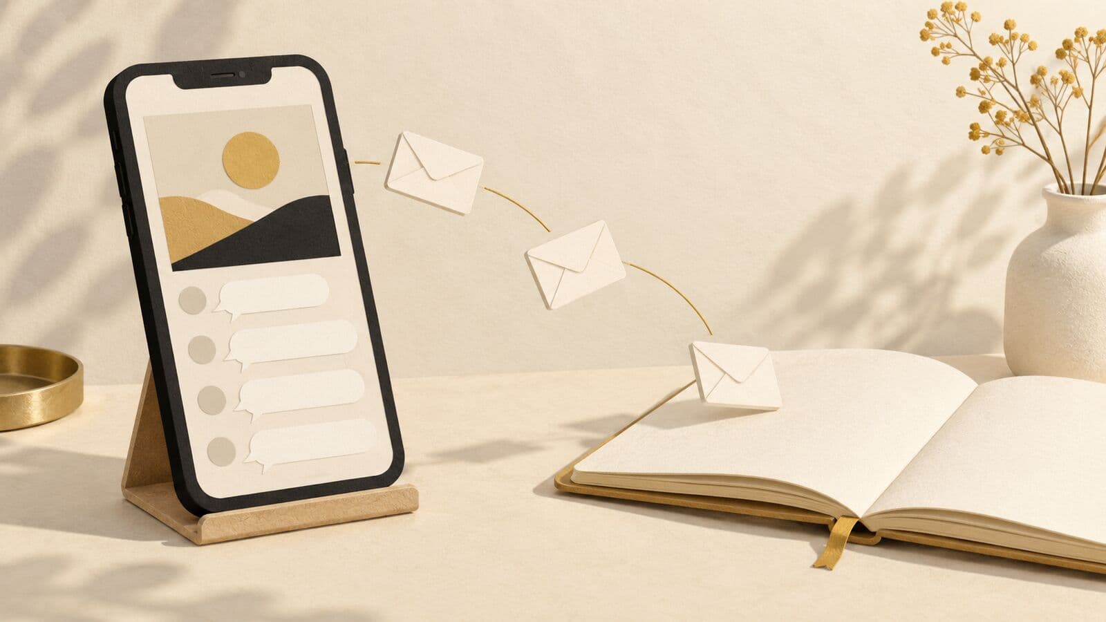 Paper cut-out of a phone with blank comment bubbles and small envelopes in a path toward an open notebook.